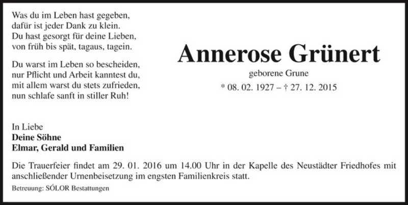  Traueranzeige für Annerose Grünert (geb. Grune)  vom 23.01.2016 aus Magdeburger Volksstimme