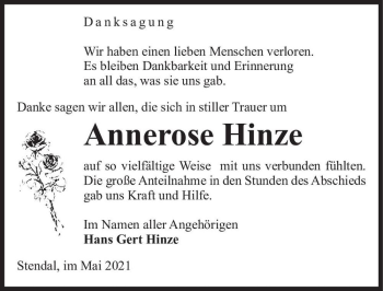 Traueranzeige von Annerose Hinze  von Magdeburger Volksstimme
