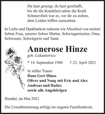 Traueranzeige von Annerose Hinze (geb. Lukasiewicz)  von Magdeburger Volksstimme