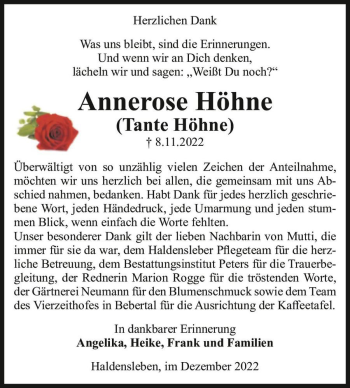 Traueranzeige von Annerose Höhne (Tante Höhne)  von Magdeburger Volksstimme