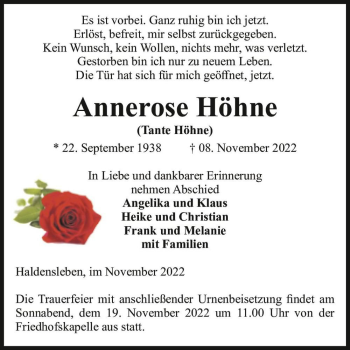 Traueranzeige von Annerose Höhne (Tante Höhne)  von Magdeburger Volksstimme