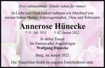 Traueranzeige von Annerose Hünecke  von Magdeburger Volksstimme
