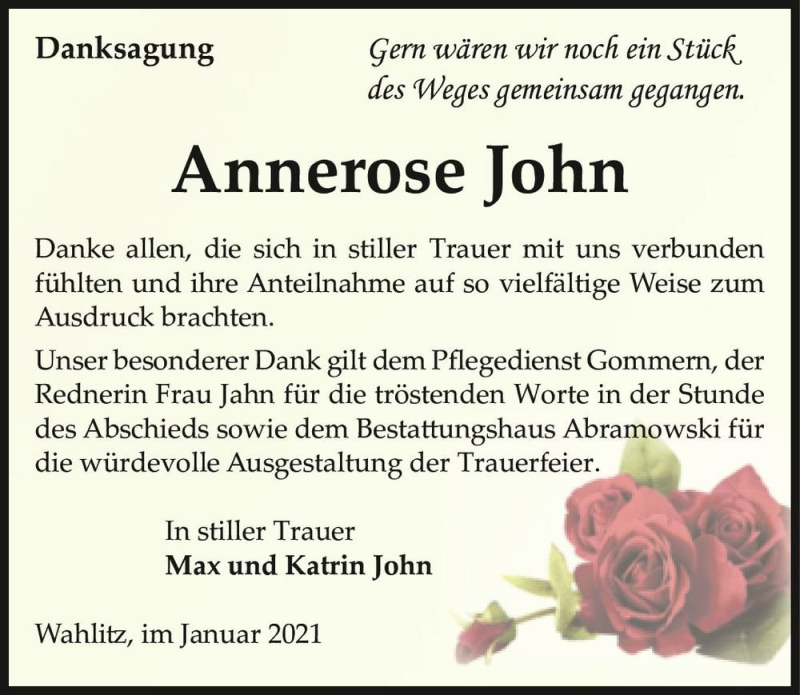  Traueranzeige für Annerose John  vom 30.01.2021 aus Magdeburger Volksstimme