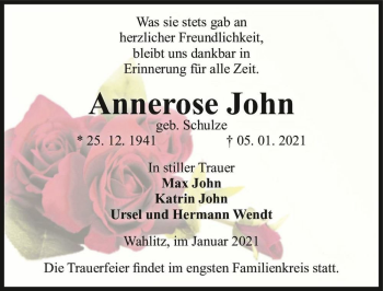 Traueranzeige von Annerose John (geb. Schulze)  von Magdeburger Volksstimme