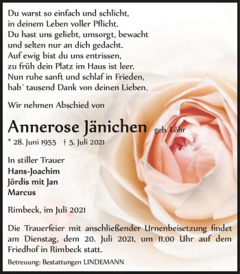 Traueranzeige von Annerose Jänichen (geb. Löhr)  von Magdeburger Volksstimme