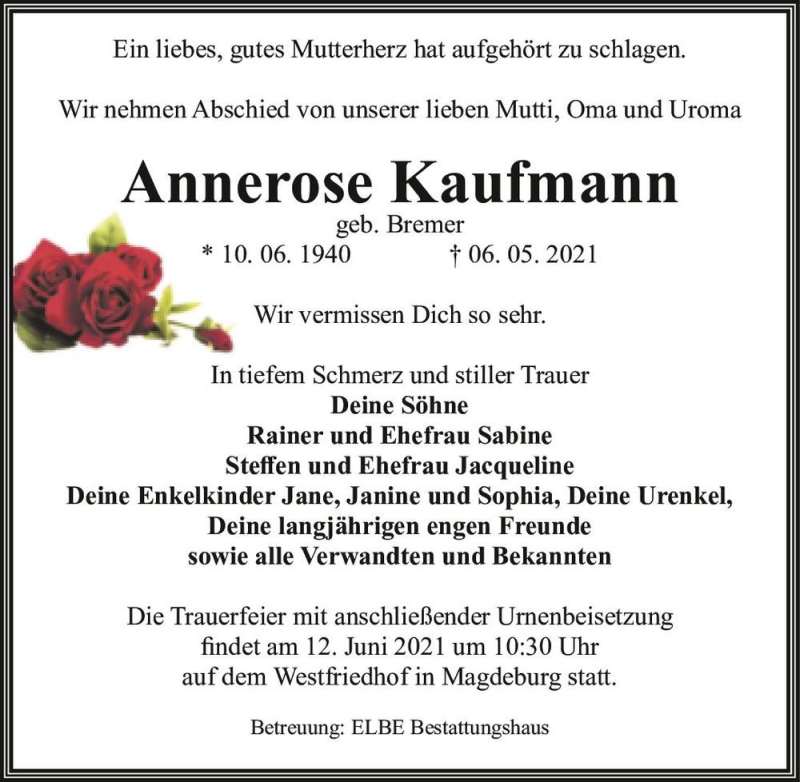  Traueranzeige für Annerose Kaufmann (geb. Bremer)  vom 05.06.2021 aus Magdeburger Volksstimme