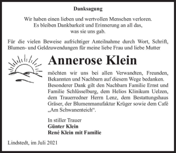 Traueranzeige von Annerose Klein  von Magdeburger Volksstimme