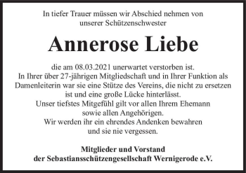 Traueranzeige von Annerose Liebe  von Magdeburger Volksstimme