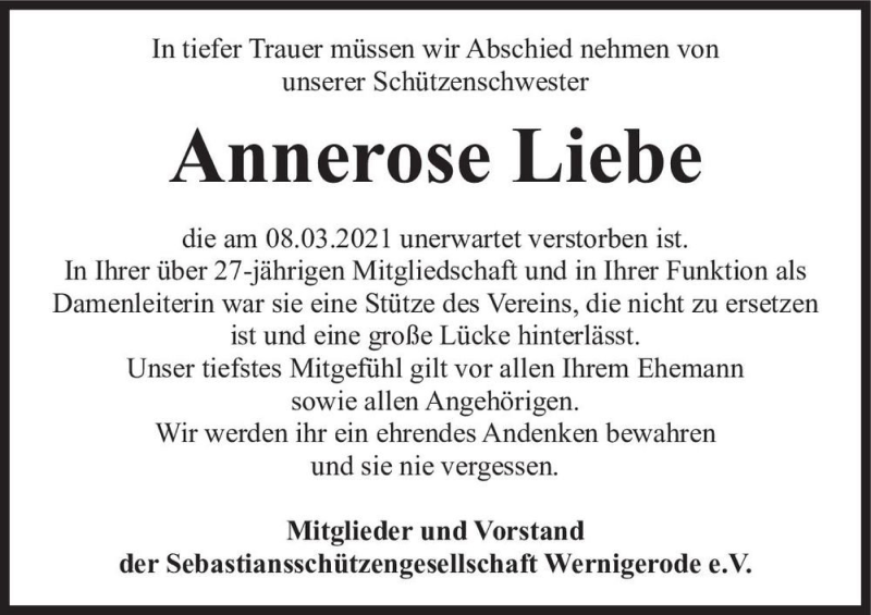  Traueranzeige für Annerose Liebe  vom 18.03.2021 aus Magdeburger Volksstimme