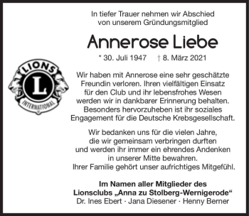 Traueranzeige von Annerose Liebe  von Magdeburger Volksstimme
