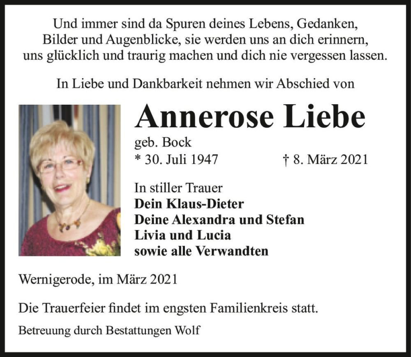  Traueranzeige für Annerose Liebe (geb. Bock)  vom 13.03.2021 aus Magdeburger Volksstimme