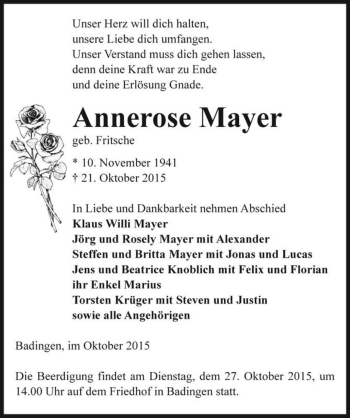Traueranzeige von Annerose Mayer (geb. Fritsche)  von Magdeburger Volksstimme