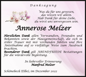 Traueranzeige von Annerose Melzer  von Magdeburger Volksstimme