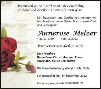 Traueranzeige von Annerose Melzer  von Magdeburger Volksstimme