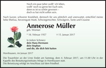 Traueranzeige von Annerose Müller (geb. Womser)  von Magdeburger Volksstimme