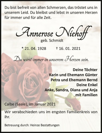 Traueranzeige von Annerose Niehoff (geb. Schmidt)  von Magdeburger Volksstimme
