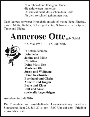 Traueranzeige von Annerose Otte (geb. Seidel)  von Magdeburger Volksstimme