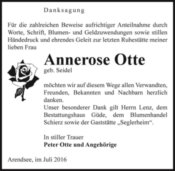 Traueranzeige von Annerose Otte (geb. Seidel)  von Magdeburger Volksstimme