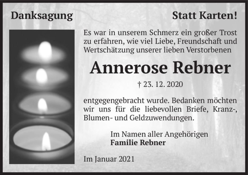  Traueranzeige für Annerose Rebner  vom 28.01.2021 aus Magdeburger Volksstimme