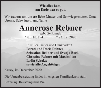 Traueranzeige von Annerose Rebner (geb. Gellonnek)  von Magdeburger Volksstimme