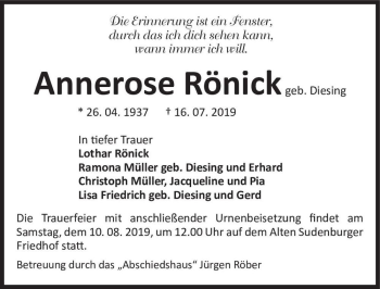 Traueranzeige von Annerose Rönick (geb. Diesing)  von Magdeburger Volksstimme