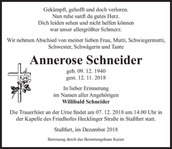 Traueranzeige von Annerose Schneider  von Magdeburger Volksstimme