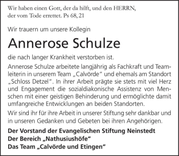 Traueranzeige von Annerose Schulze  von Magdeburger Volksstimme