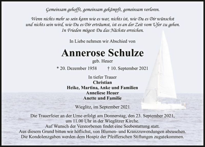  Traueranzeige für Annerose Schulze (geb. Heuer)  vom 15.09.2021 aus Magdeburger Volksstimme