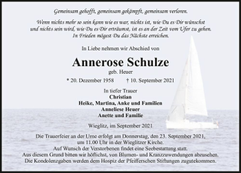 Traueranzeige von Annerose Schulze (geb. Heuer)  von Magdeburger Volksstimme