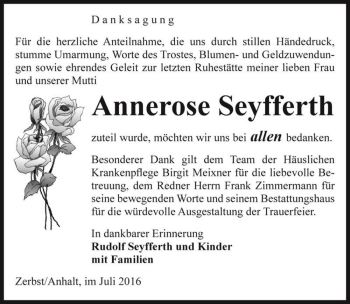 Traueranzeige von Annerose Seyfferth  von Magdeburger Volksstimme