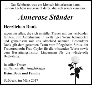 Traueranzeige von Annerose Ständer  von Magdeburger Volksstimme