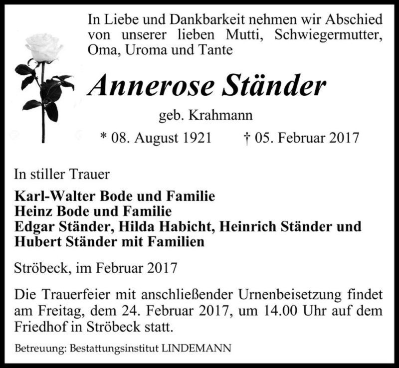  Traueranzeige für Annerose Ständer (geb. Krahmann)  vom 18.02.2017 aus Magdeburger Volksstimme