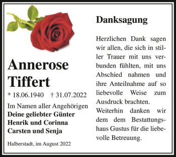 Traueranzeige von Annerose Tiffert  von Magdeburger Volksstimme