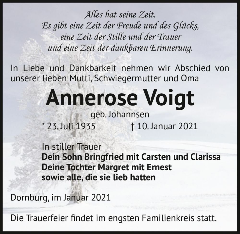  Traueranzeige für Annerose Voigt (geb. Johannsen)  vom 16.01.2021 aus Magdeburger Volksstimme