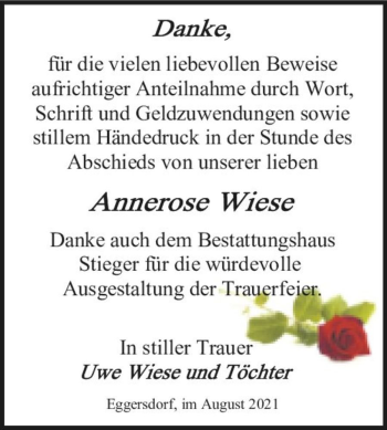 Traueranzeige von Annerose Wiese  von Magdeburger Volksstimme