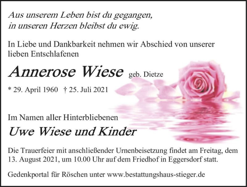  Traueranzeige für Annerose Wiese (geb. Dietze)  vom 31.07.2021 aus Magdeburger Volksstimme