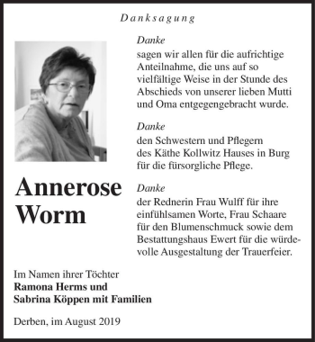 Traueranzeige von Annerose Worm  von Magdeburger Volksstimme