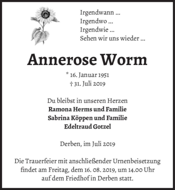 Traueranzeige von Annerose Worm  von Magdeburger Volksstimme