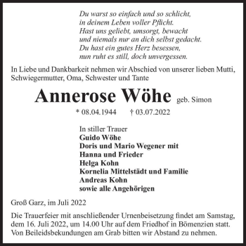 Traueranzeige von Annerose Wöhe (geb. Simon)  von Magdeburger Volksstimme