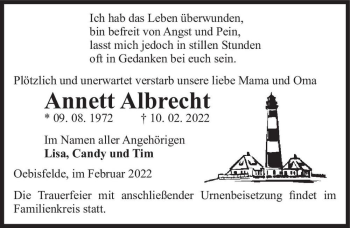 Traueranzeige von Annett Albrecht  von Magdeburger Volksstimme