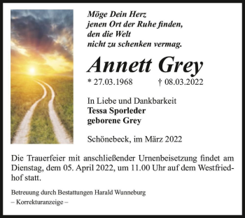 Traueranzeige von Annett Grey  von Magdeburger Volksstimme