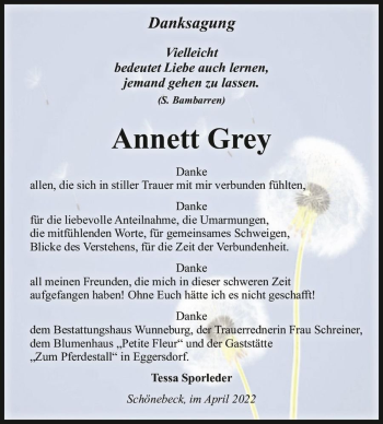 Traueranzeige von Annett Grey  von Magdeburger Volksstimme