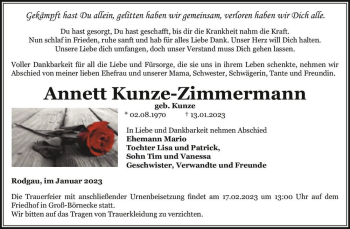 Traueranzeige von Annett Kunze-Zimmermann (geb. Kunze)  von Magdeburger Volksstimme