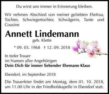 Traueranzeige von Annett Lindemann (geb. Klette)  von Magdeburger Volksstimme