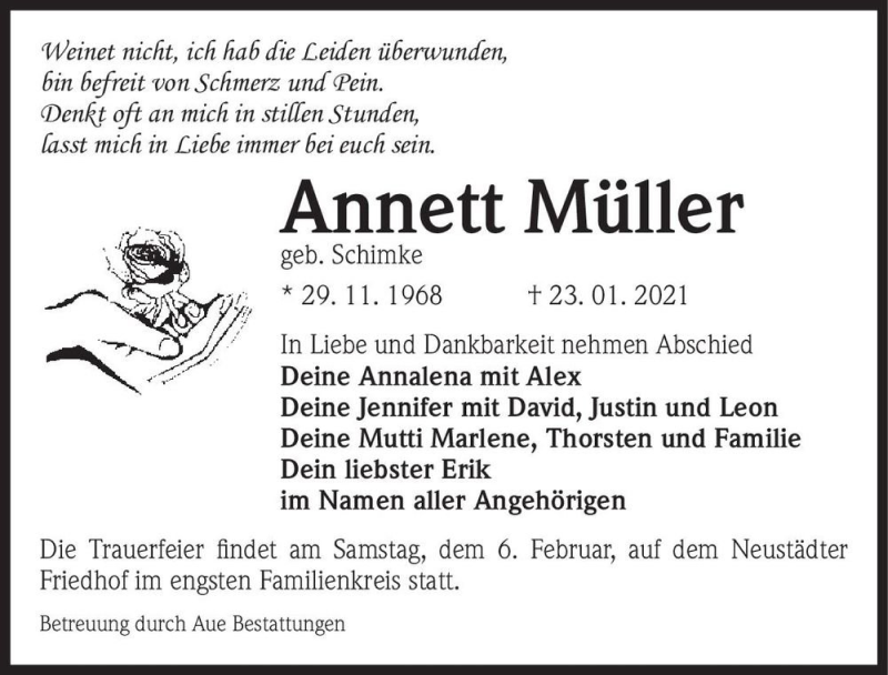  Traueranzeige für Annett Müller (geb. Schimke)  vom 30.01.2021 aus Magdeburger Volksstimme