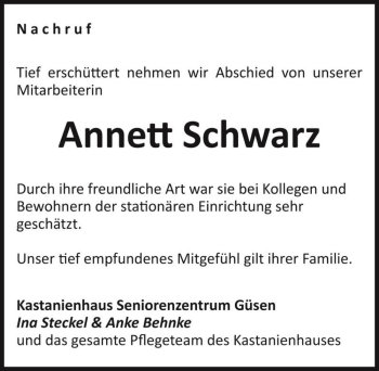 Traueranzeige von Annett Schwarz  von Magdeburger Volksstimme