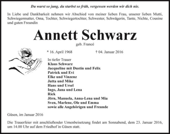 Traueranzeige von Annett Schwarz (geb. Francé)  von Magdeburger Volksstimme