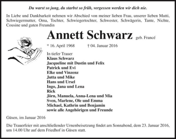 Traueranzeige von Annett Schwarz (geb. Francé)  von Magdeburger Volksstimme