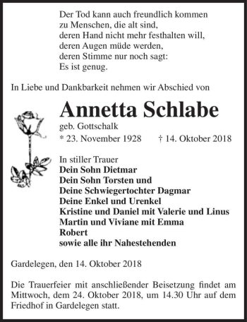 Traueranzeige von Annetta Schlabe (geb. Gottschalk)  von Magdeburger Volksstimme