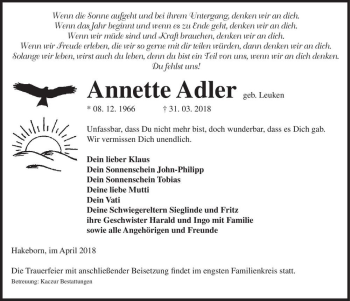 Traueranzeige von Annette Adler (geb. Leuken)  von Magdeburger Volksstimme